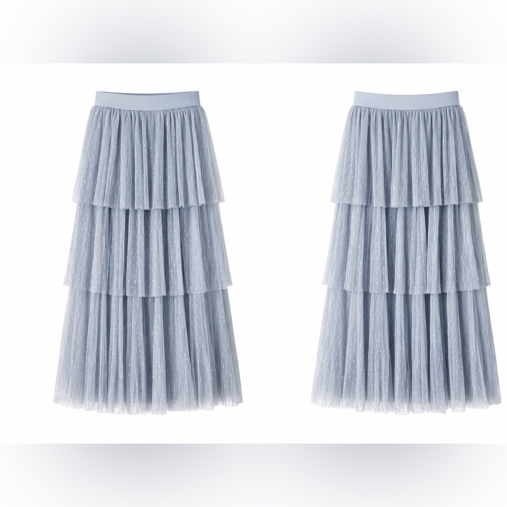 ✨ Petite Grey Tiered Tulle Midi Skirt – Polka Dot Mesh – NWT $219 Retail